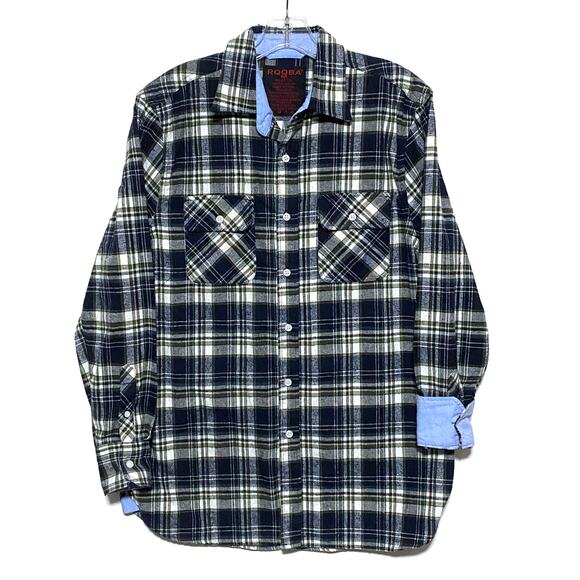 RQQBA Contrast Flip Cuff Plaid Flannel Button Shirt Mens M Country Ranch Chore - Picture 1 of 6